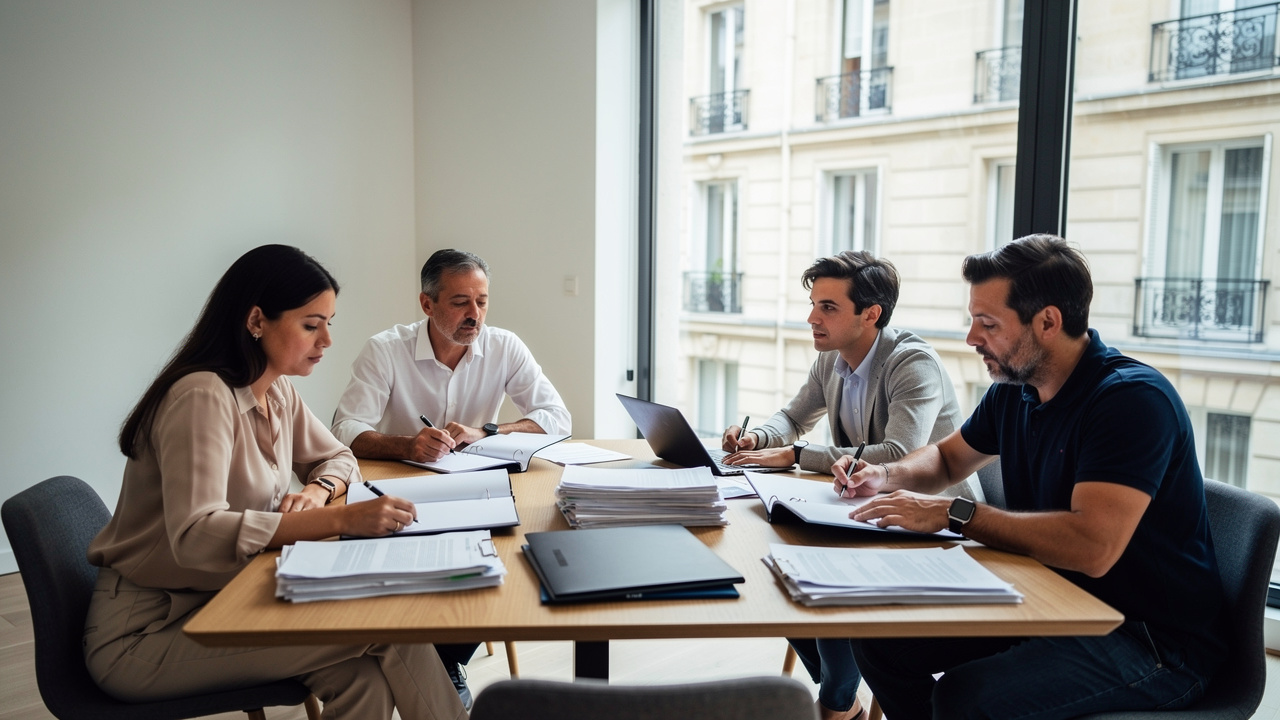 Réunion réaliste de quatre copropriétaires autour d’une table avec des dossiers administratifs vierges, dans un intérieur donnant sur un immeuble urbain français.