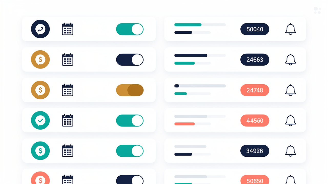 Vue rapprochée d’un tableau de bord infographique présentant le suivi abstrait de factures, les échéances, les statuts de paiement et les relances avec des indicateurs colorés.