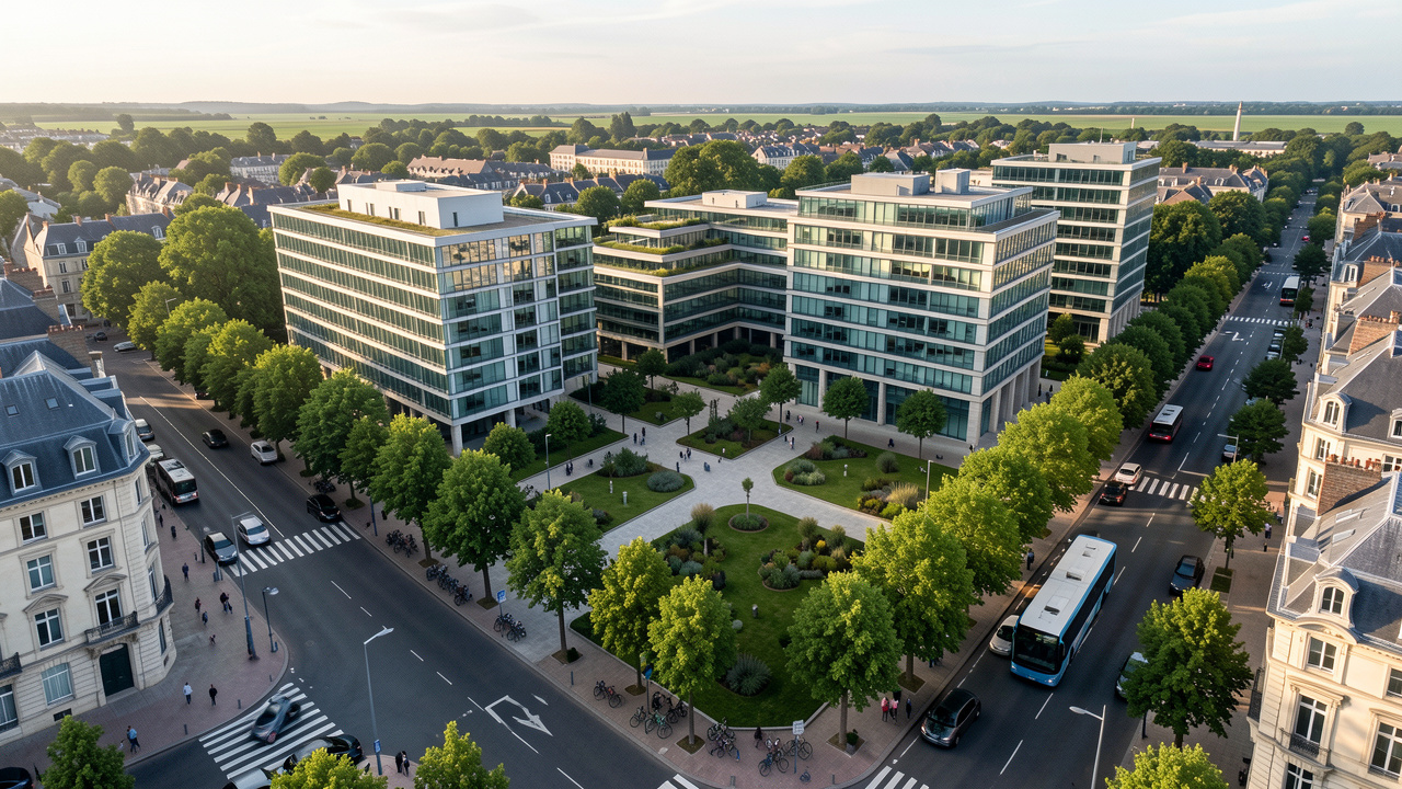Vue aérienne élégante de Vannes montrant un quartier d’affaires moderne, des bureaux contemporains, des rues bordées d’arbres et différents modes de mobilité urbaine.